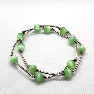 Green Stones & Silver Tone Tube Double Bracelet